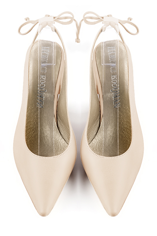 Champagne white women's slingback shoes. Pointed toe. Flat flare heels. Top view - Florence KOOIJMAN